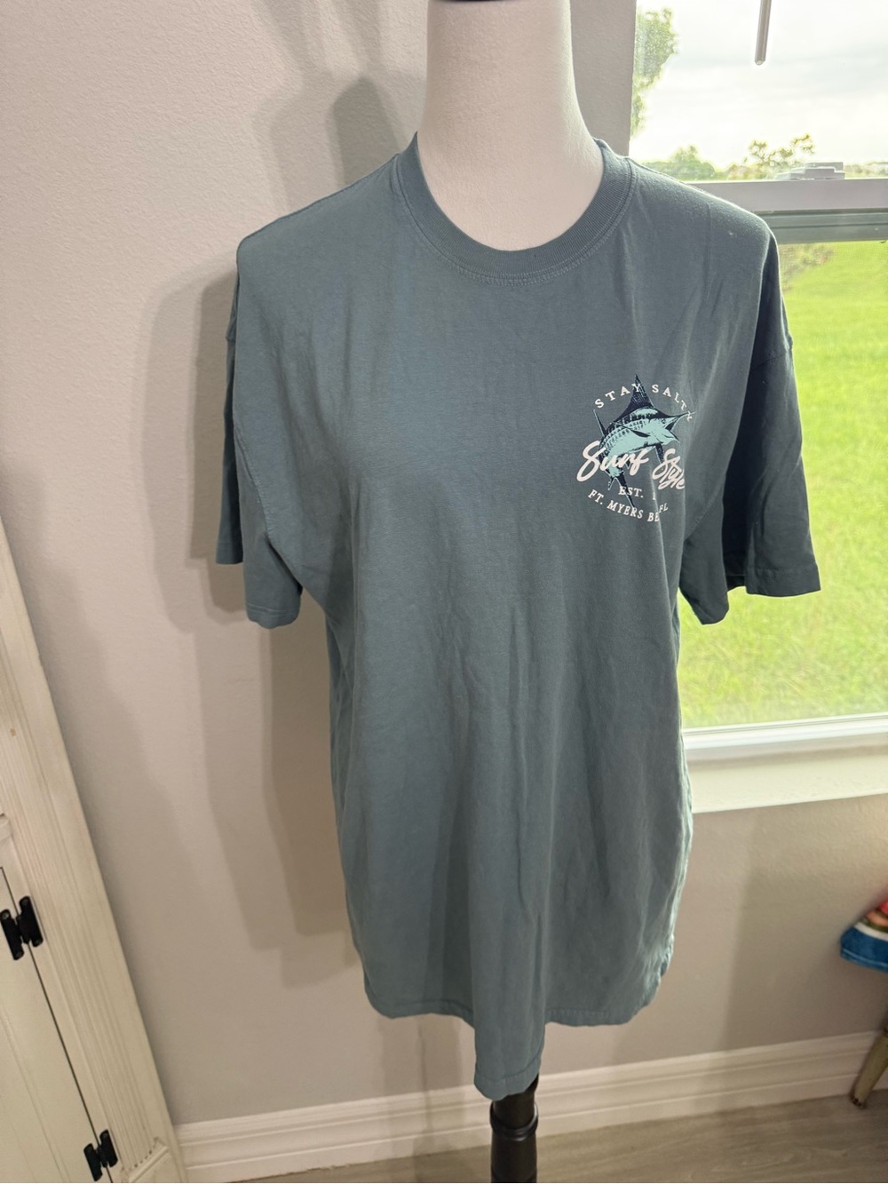 surf style Men's Short Sleeve Crew Tee in Slate Teal with Surf Logo